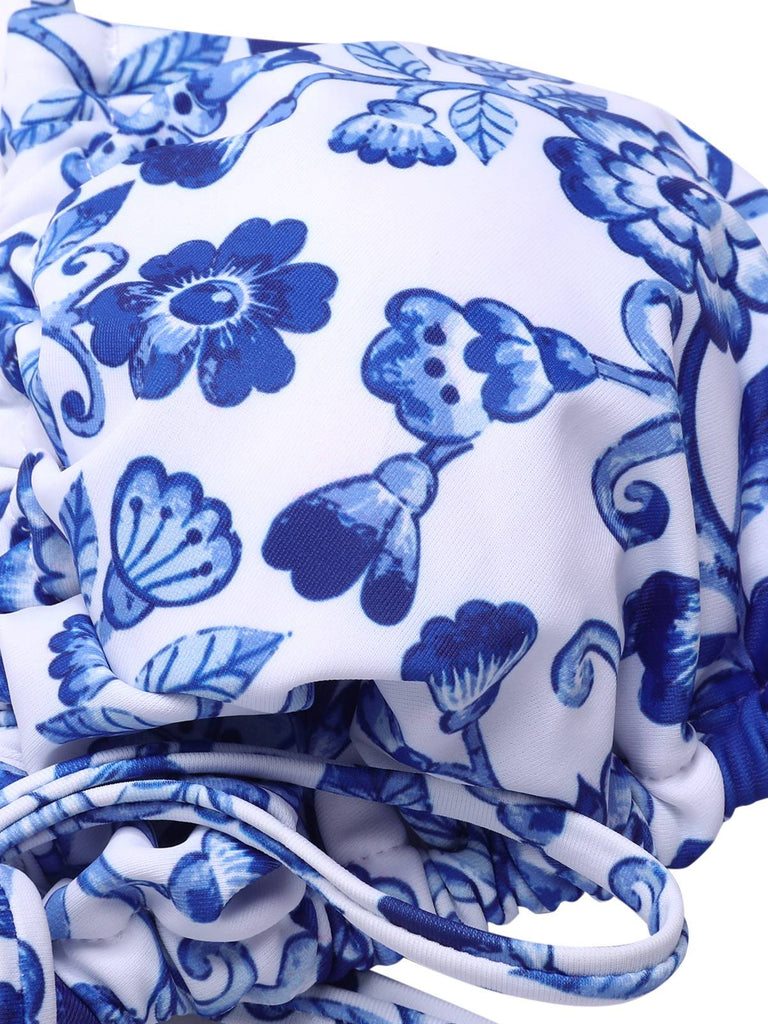 Bikini in porcellana con spalline sottili blu e bianco anni '50