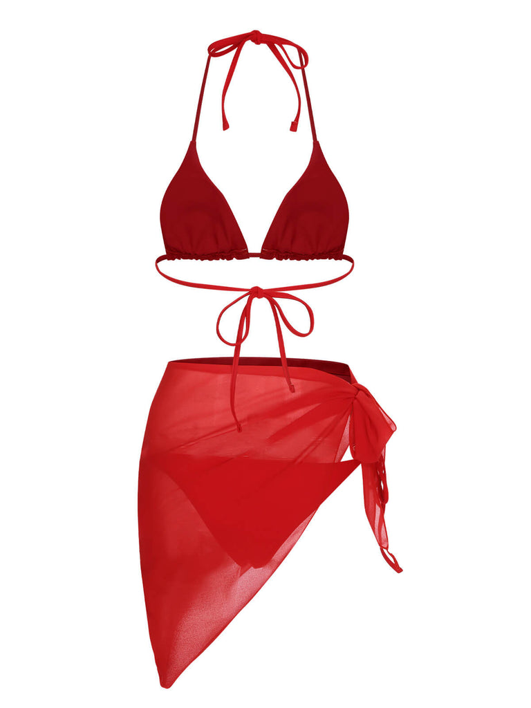 Set bikini con scollo all'americana e copricostume rosso anni '50