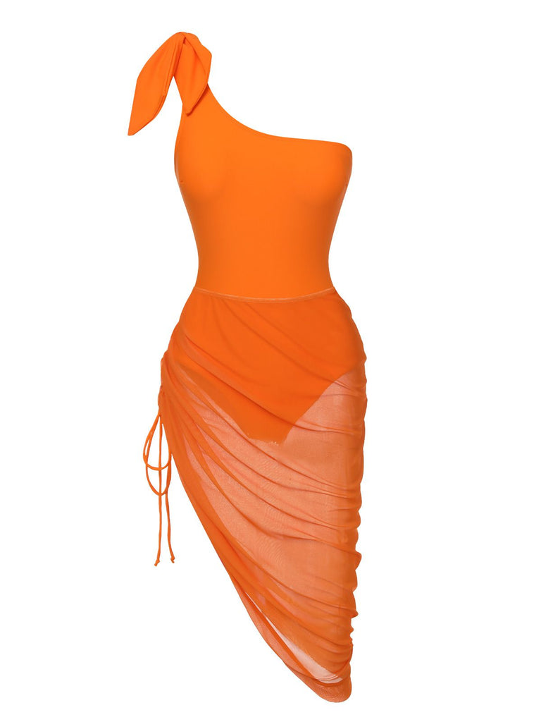 Costumi intero e copricostume a vita alta arancione anni '40