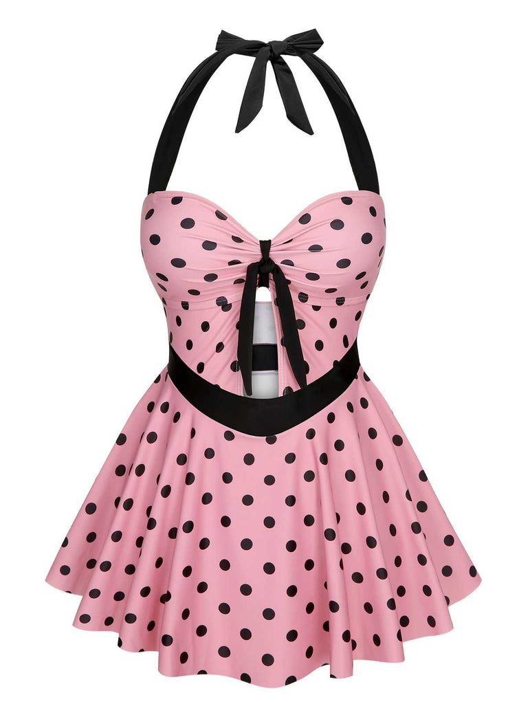 Costumi intero a pois con scollo all'americana rosa anni '50