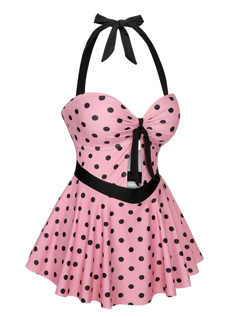 Costumi intero a pois con scollo all'americana rosa anni '50