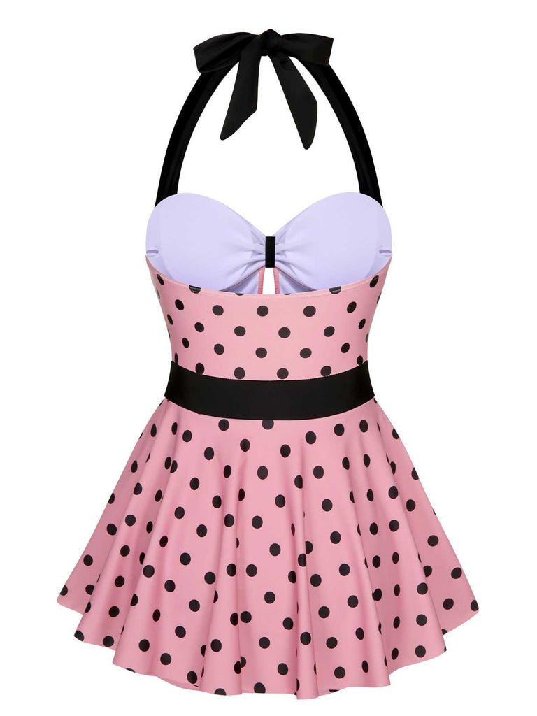 Costumi intero a pois con scollo all'americana rosa anni '50