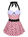 Costumi intero a pois con scollo all'americana rosa anni '50
