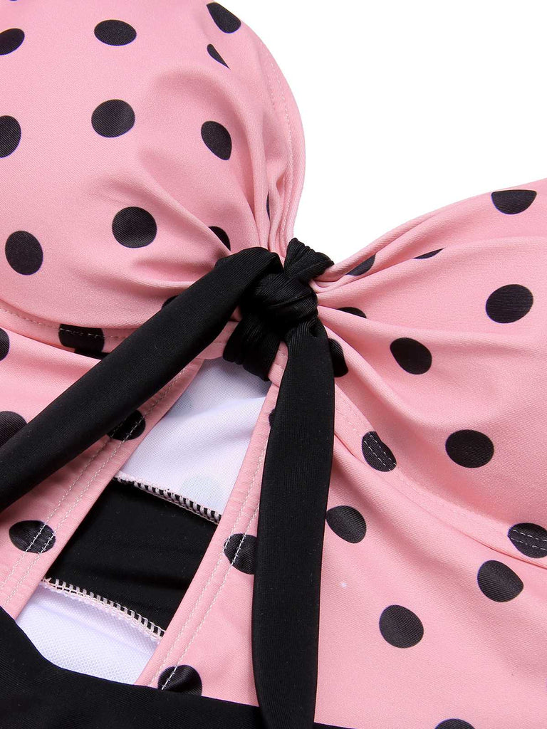 Costumi intero a pois con scollo all'americana rosa anni '50