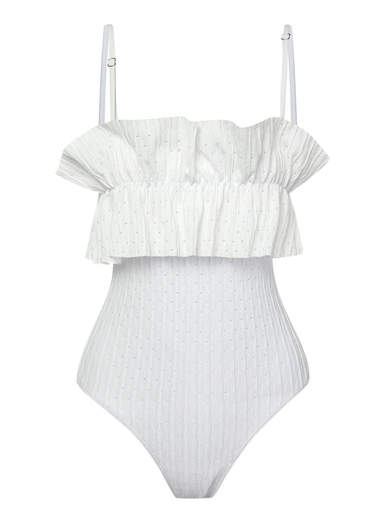 Costumi intero a fascia con volant bianco anni '70