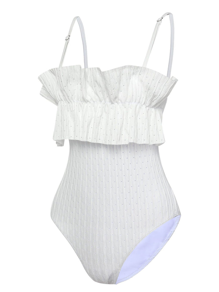 Costumi intero a fascia con volant bianco anni '70