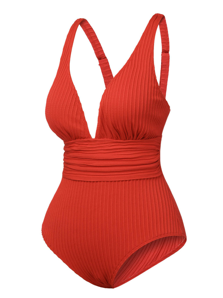 Costumi intero con scollo a V profondo rosso anni '50