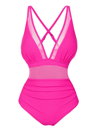 Costumi intero trasparente scollo a V profondo rosso rosa anni '50