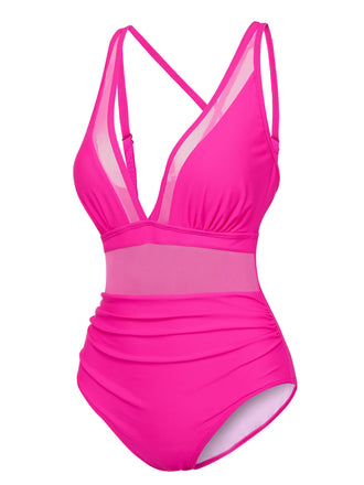 Costumi intero trasparente scollo a V profondo rosso rosa anni '50