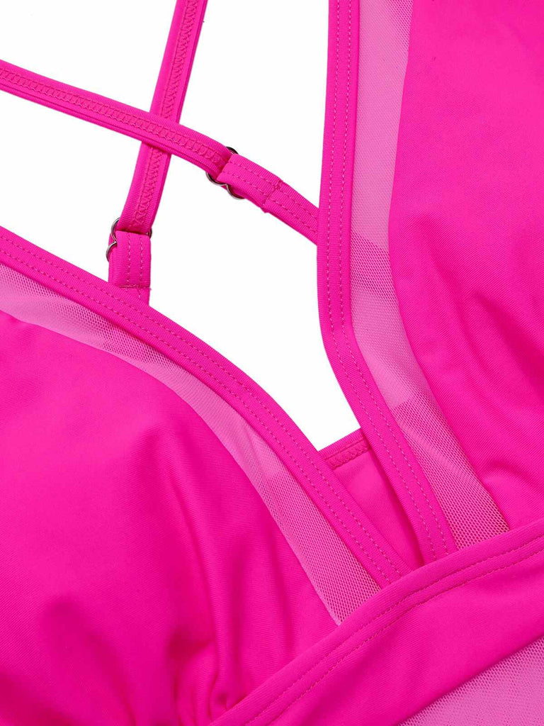 Costumi intero trasparente scollo a V profondo rosso rosa anni '50