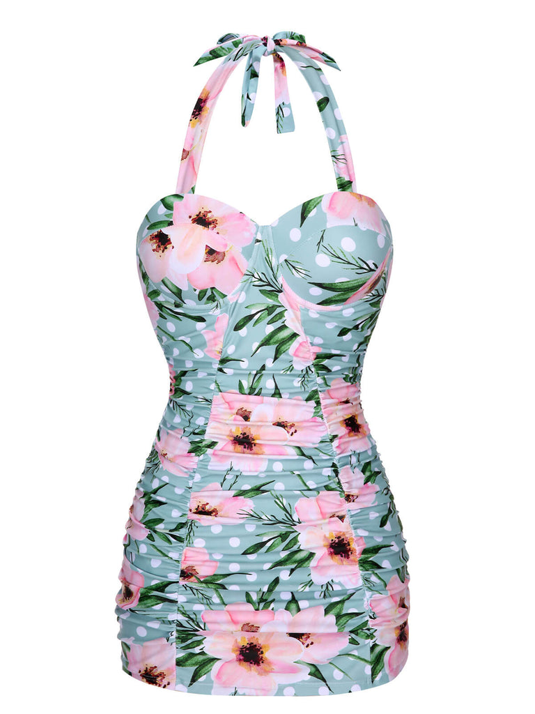 Costumi intero floreale a pois scollo all'americana verde anni '30