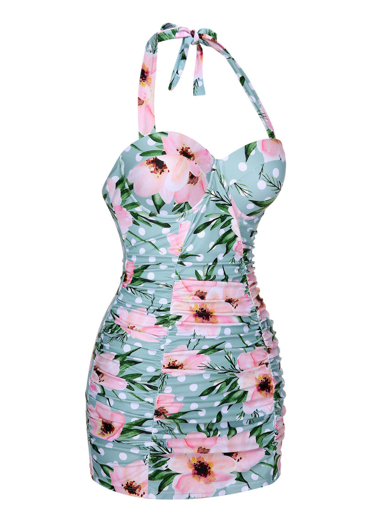 Costumi intero floreale a pois scollo all'americana verde anni '30