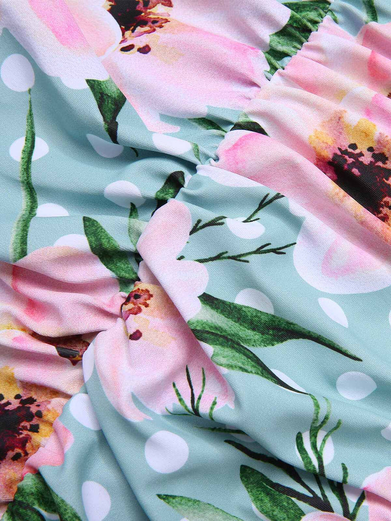 Costumi intero floreale a pois scollo all'americana verde anni '30