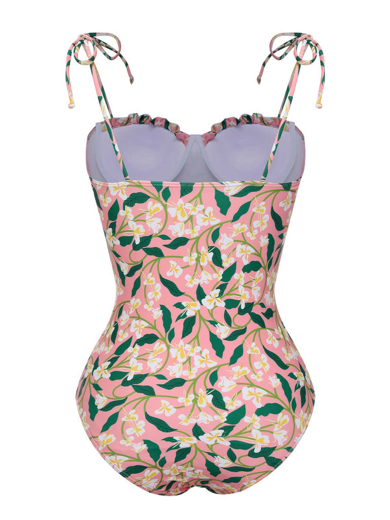 Costumi intero stampa piante spalline sottili rosa anni '50