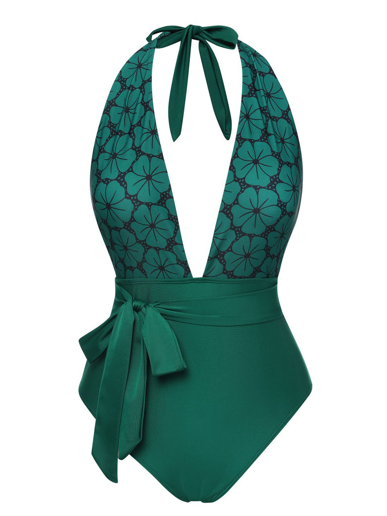 Costumi intero scollo a V profondo stampa floreale verde anni '40