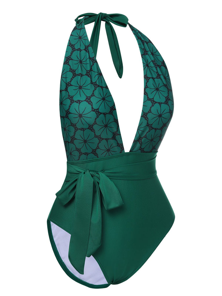 Costumi intero scollo a V profondo stampa floreale verde anni '40