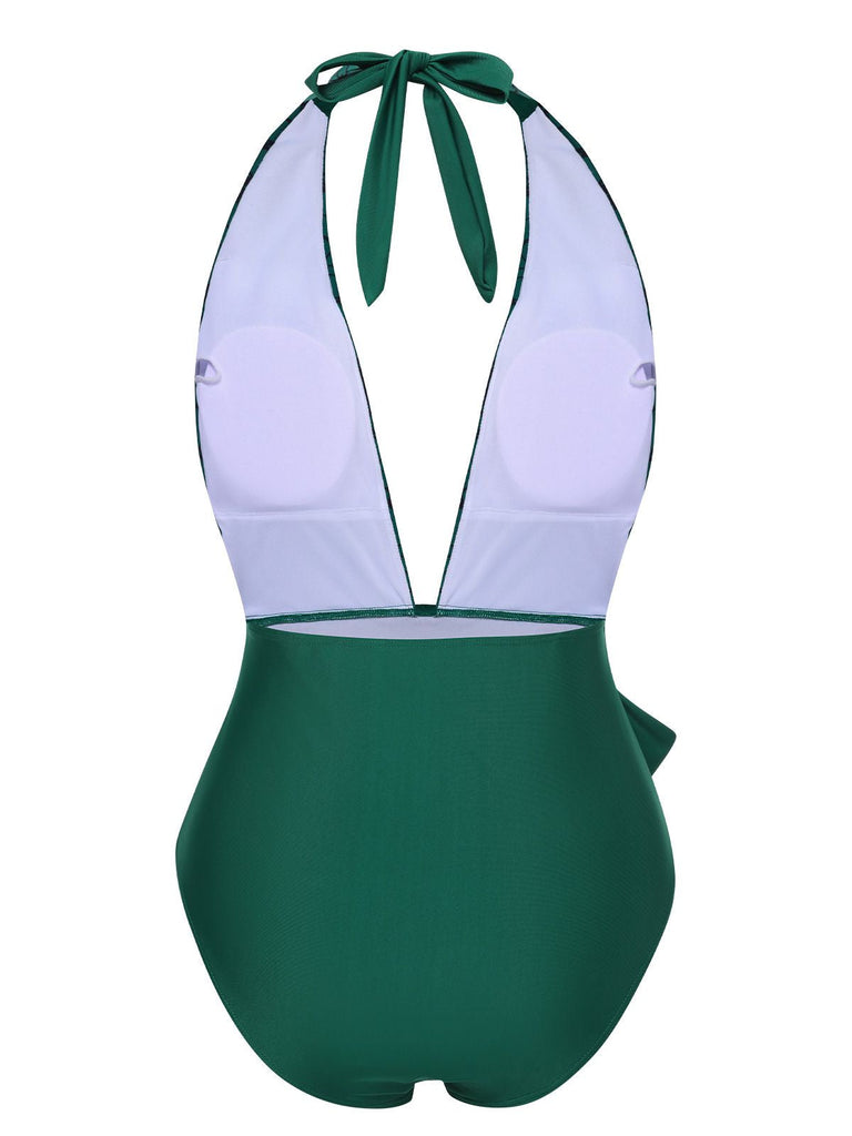 Costumi intero scollo a V profondo stampa floreale verde anni '40