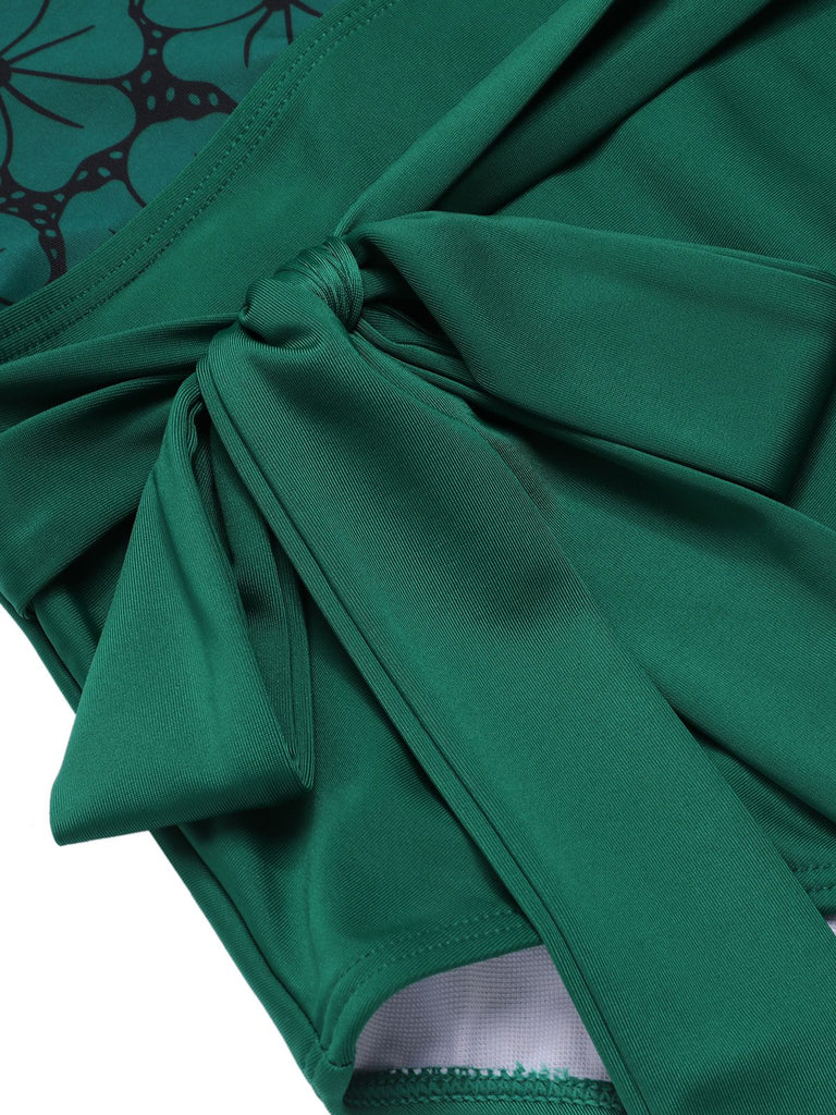 Costumi intero scollo a V profondo stampa floreale verde anni '40