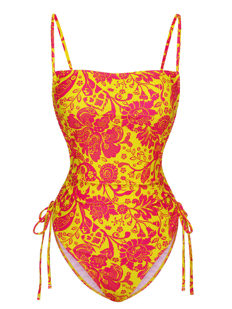 Costumi floreale russo con coulisse arancione anni '70