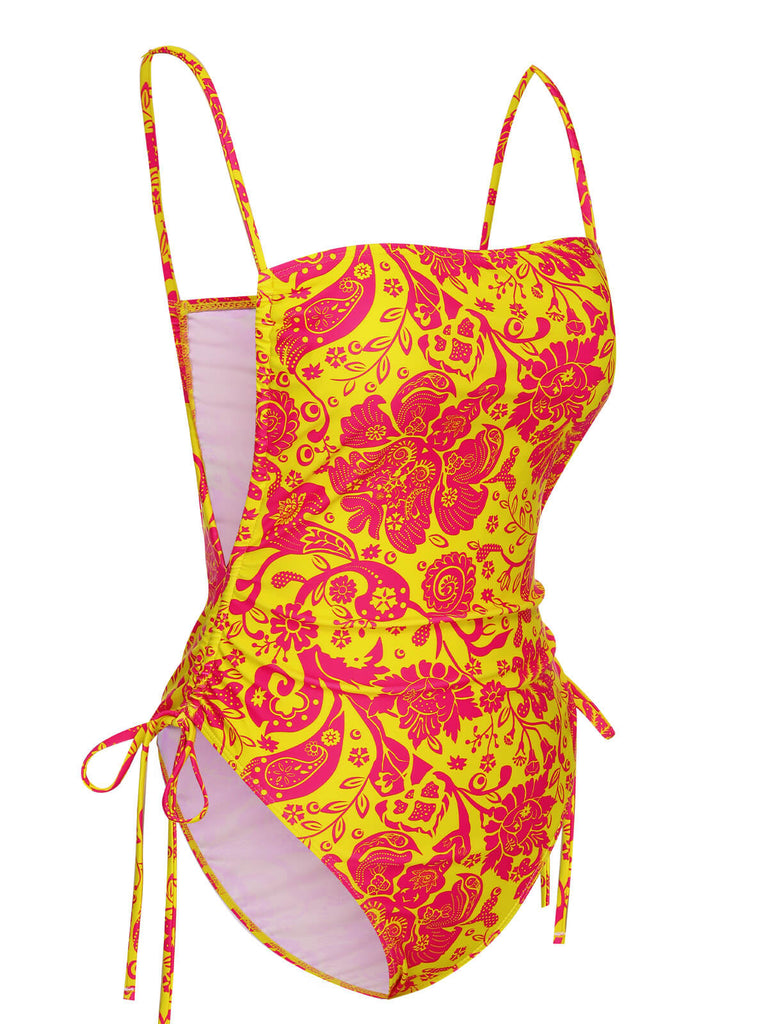 Costumi floreale russo con coulisse arancione anni '70