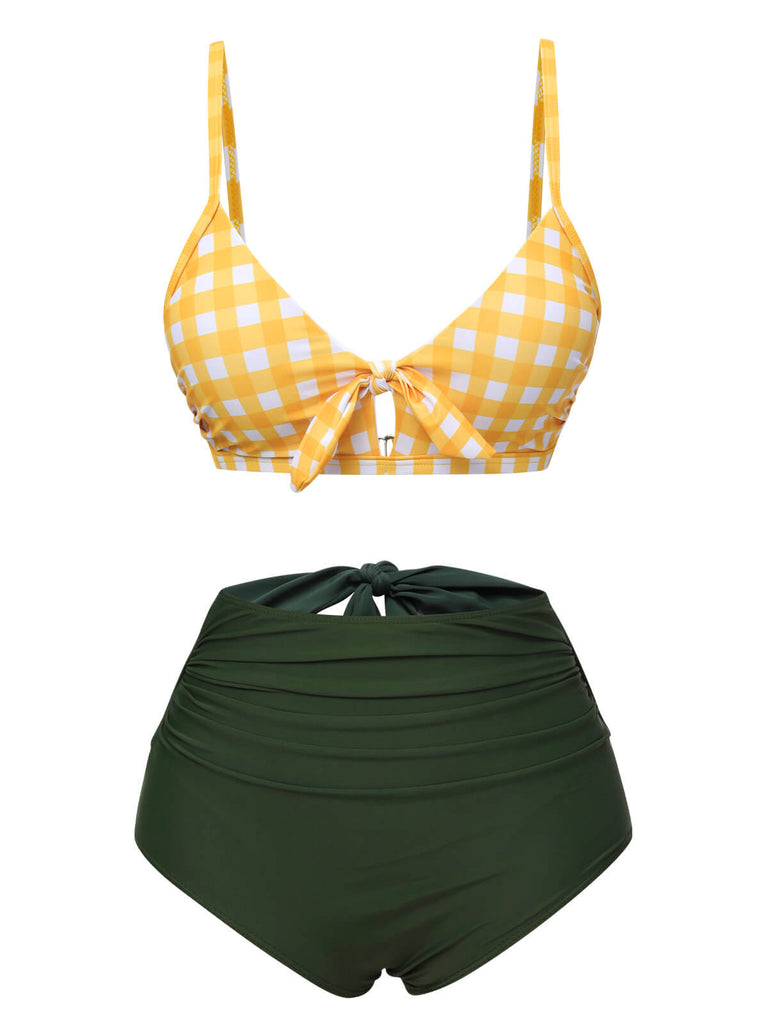 Set Bikini plaid con fiocco giallo e verde anni '50