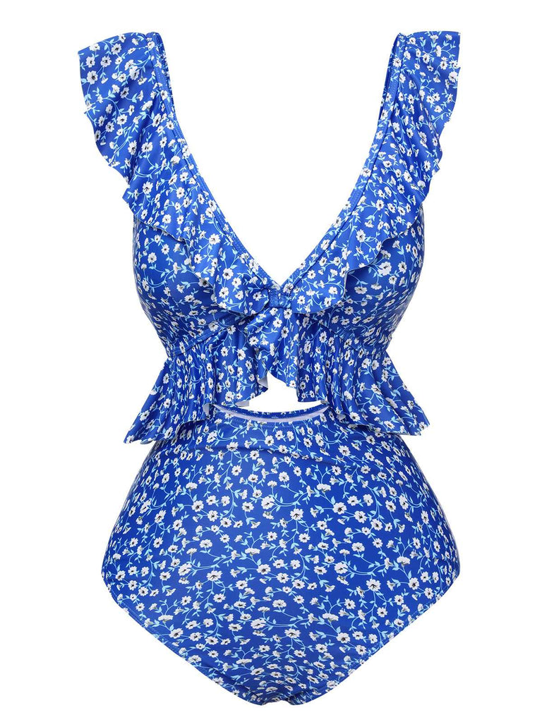 Costumi intero con volant floreale blu anni '50