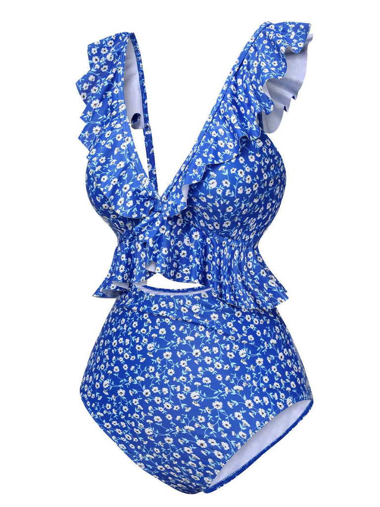 Costumi intero con volant floreale blu anni '50