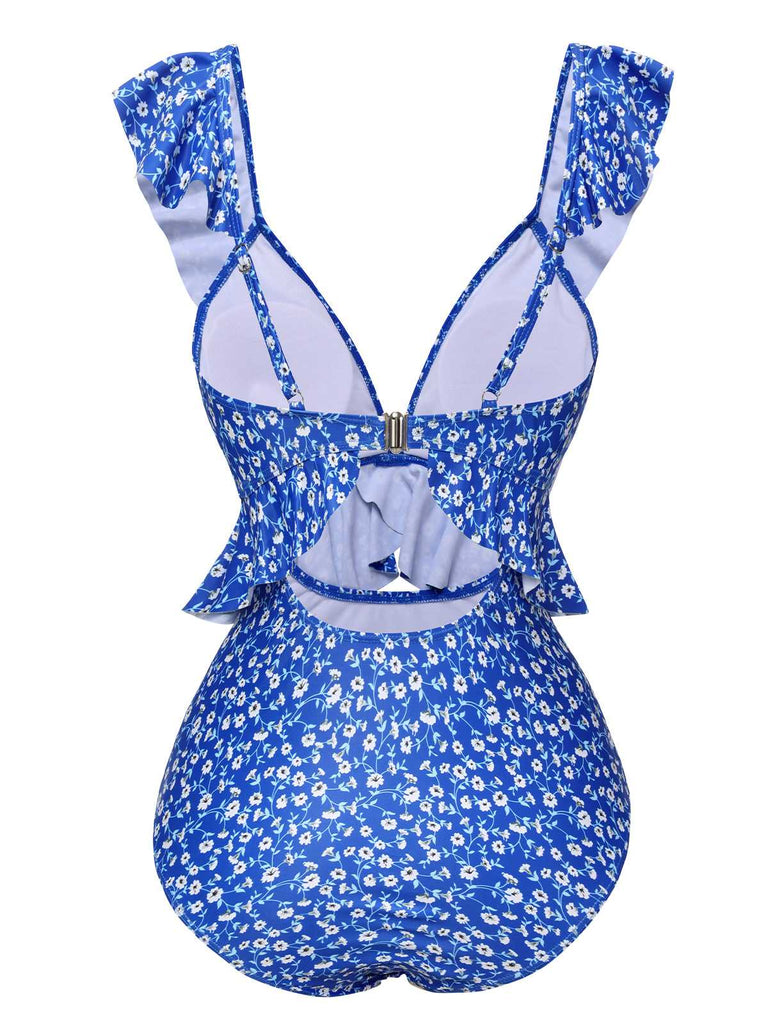 Costumi intero con volant floreale blu anni '50