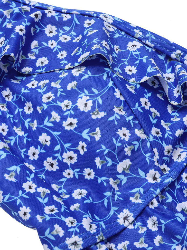 Costumi intero con volant floreale blu anni '50