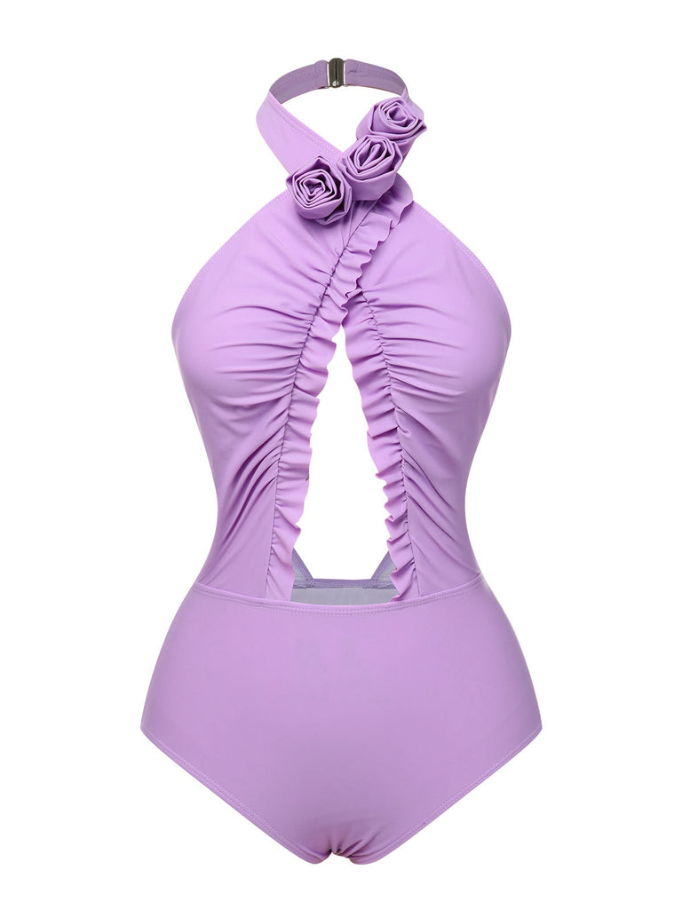 Costumi intero fiori 3D con cava lavanda anni '40