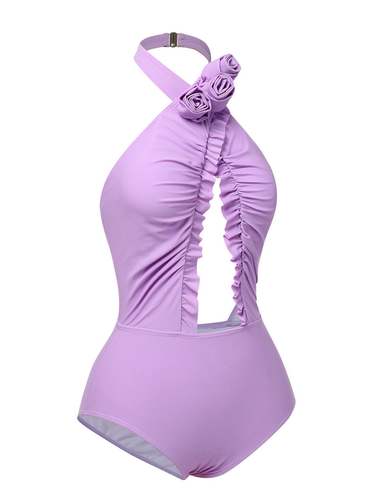 Costumi intero fiori 3D con cava lavanda anni '40