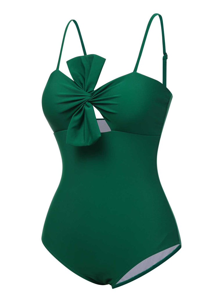 Costumi intreo spalline sottili e fiocco verde scuro anni '40