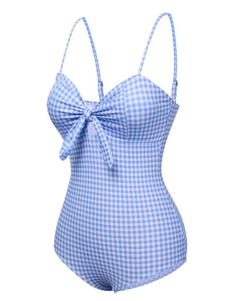 Costumi intero plaid spalline sottili annodato blu anni '50