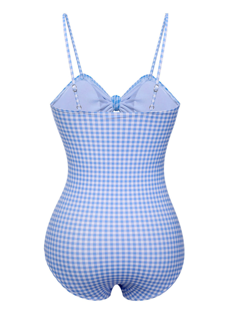 Costumi intero plaid spalline sottili annodato blu anni '50