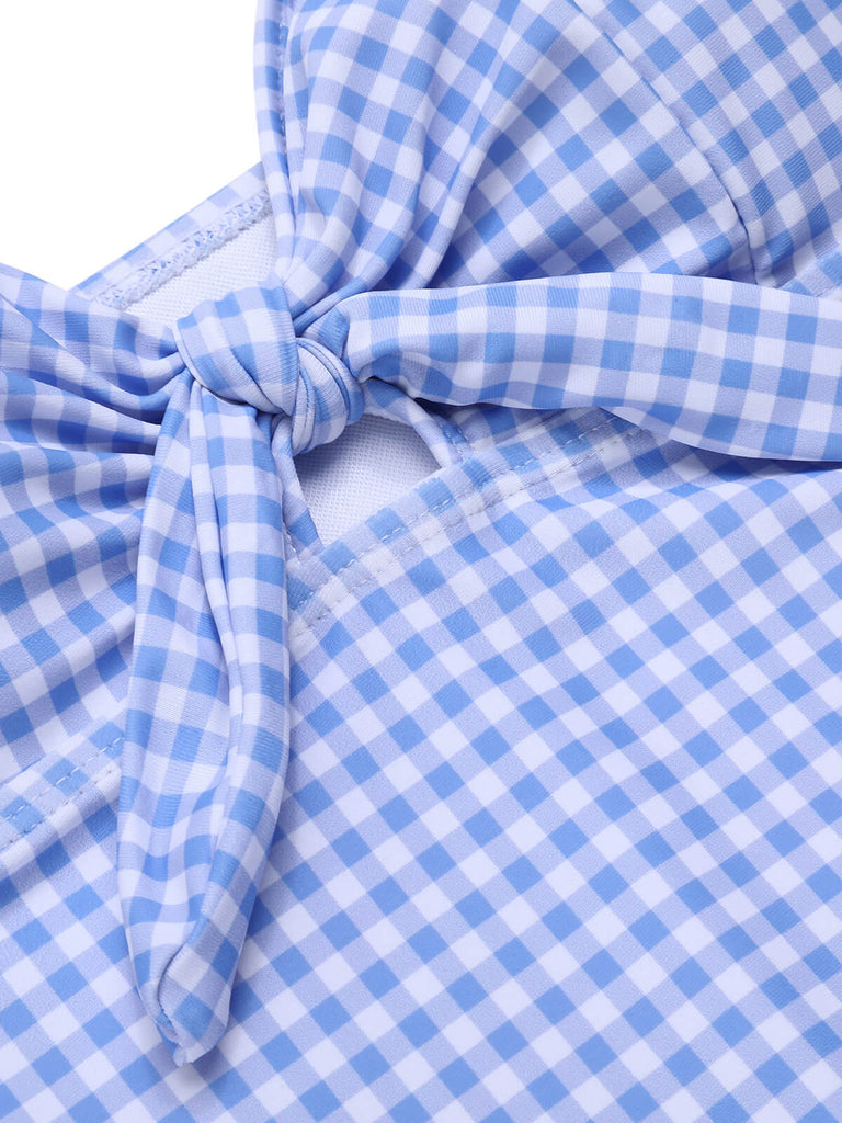 Costumi intero plaid spalline sottili annodato blu anni '50