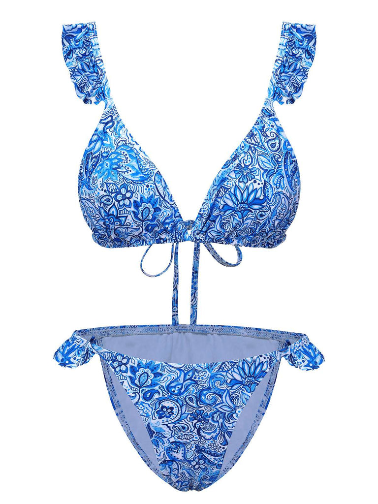 Set bikini stampa paisley a triangolo con volant blu anni '50