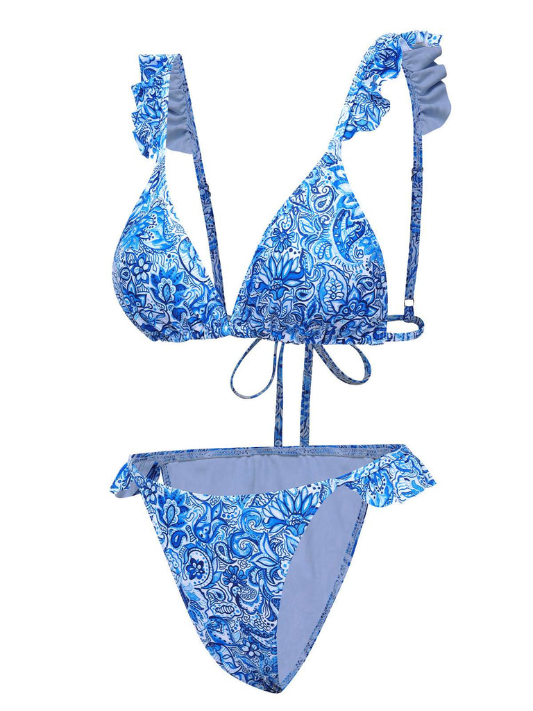 Set bikini stampa paisley a triangolo con volant blu anni '50
