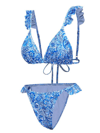 Set bikini stampa paisley a triangolo con volant blu anni '50