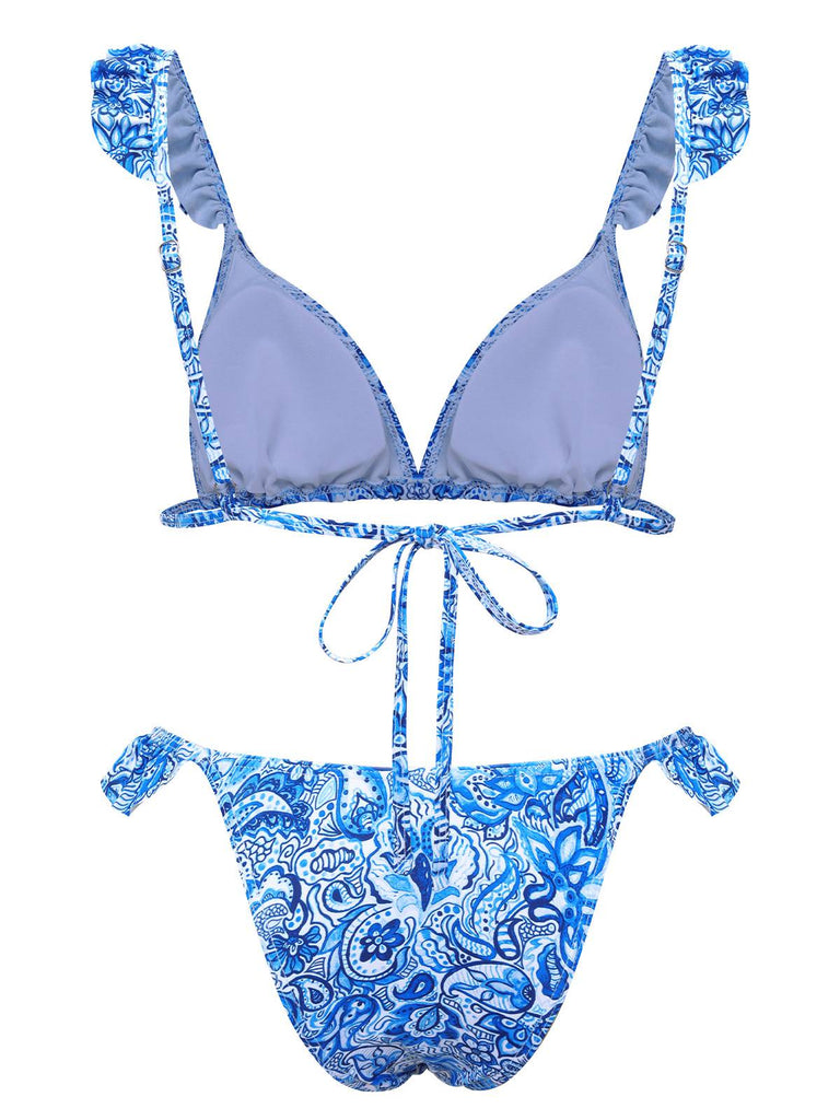 Set bikini stampa paisley a triangolo con volant blu anni '50