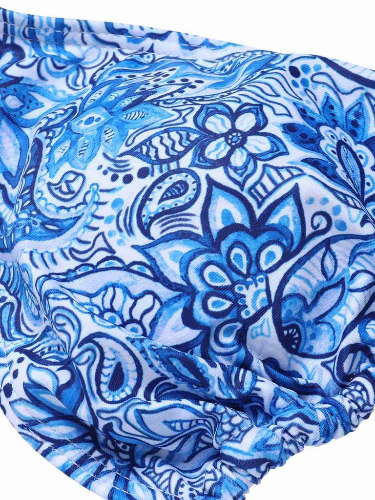 Set bikini stampa paisley a triangolo con volant blu anni '50