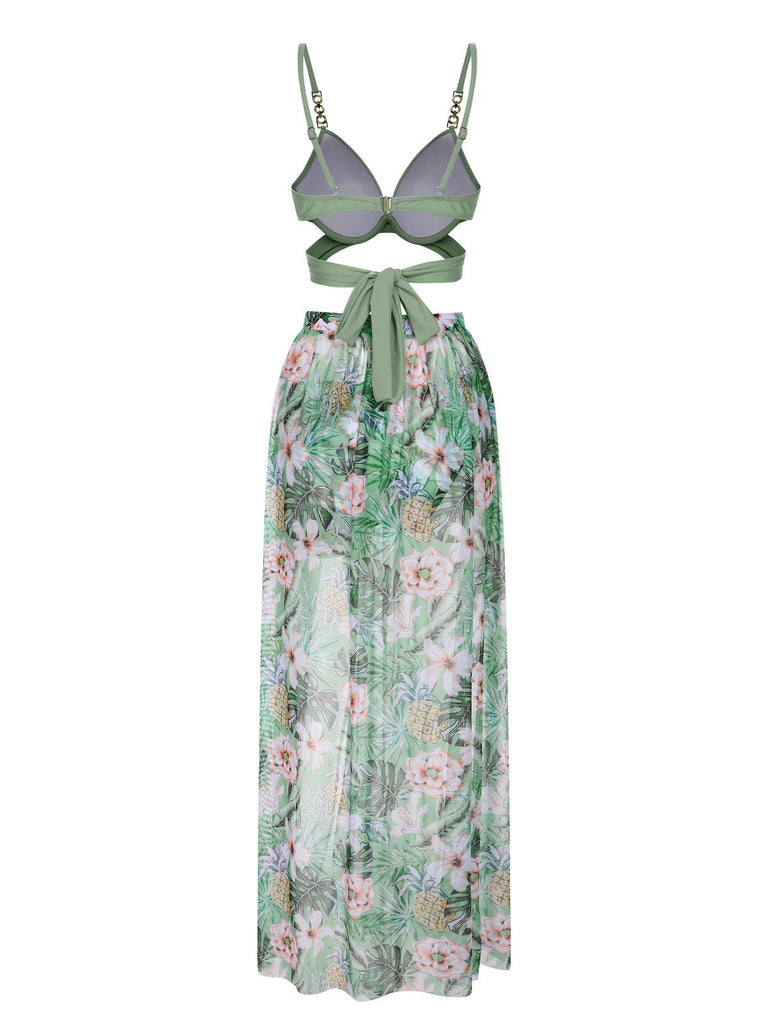 2PCS Costumi e copricostume con piante tropicali verde anni '50