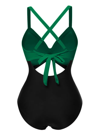 Costumi intero patchwork vita cava verde e nero anni '40