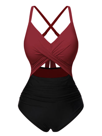 Costume da bagno con vita cava rosso e nero anni '40