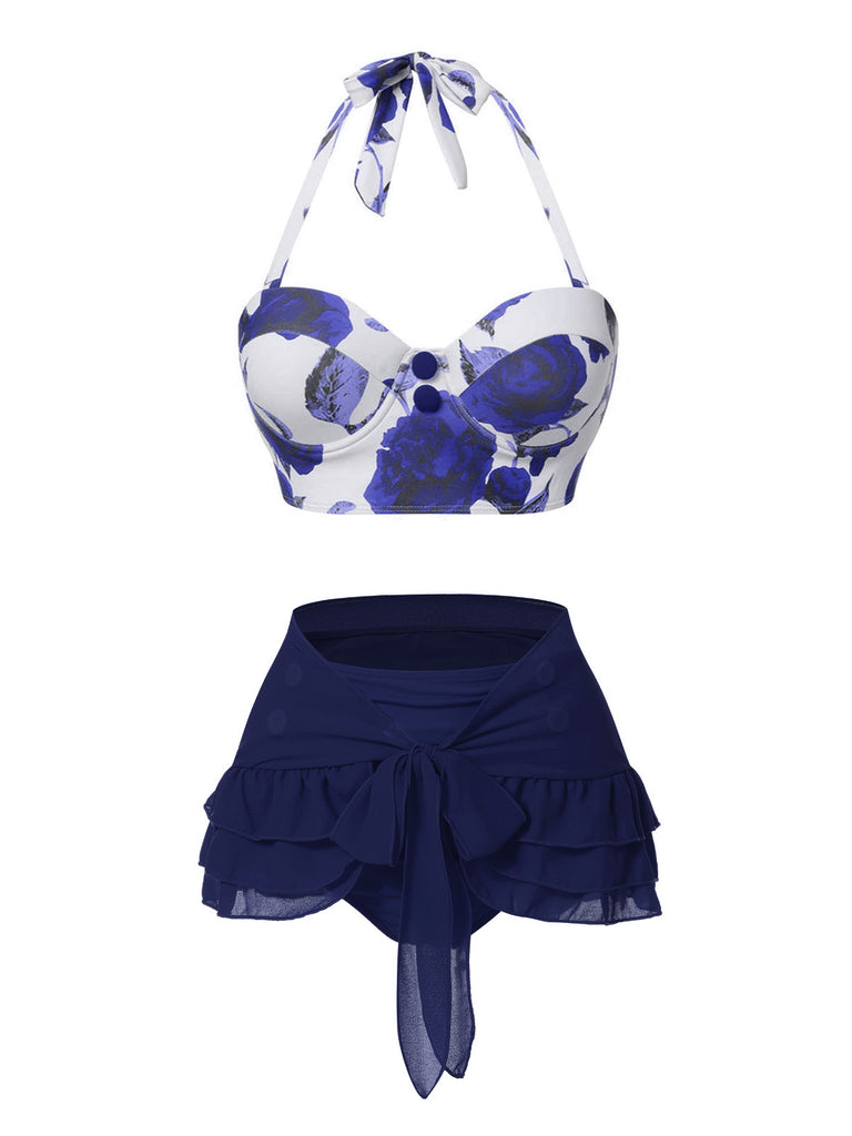 2PCS Costumi con rose e gonna copricostume blu anni '60