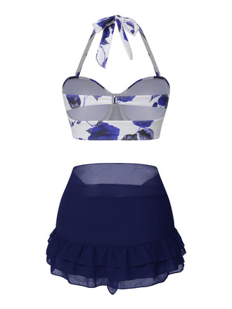 2PCS Costumi con rose e gonna copricostume blu anni '60
