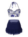 2PCS Costumi con rose e gonna copricostume blu anni '60
