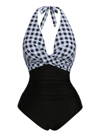 Costumi intero plaid scollo all'americana nero anni '40