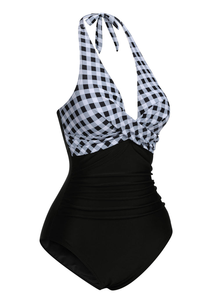 Costumi intero plaid scollo all'americana nero anni '40
