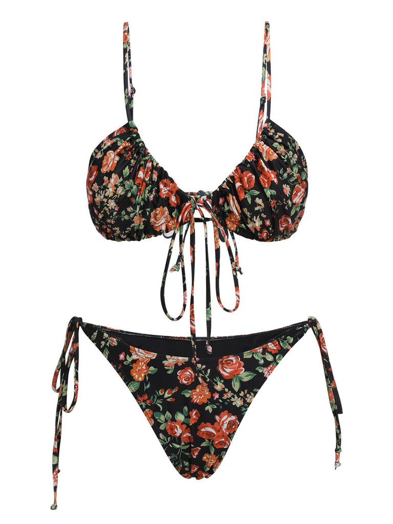 Set bikini floreale lacci con spalline sottili anni '50