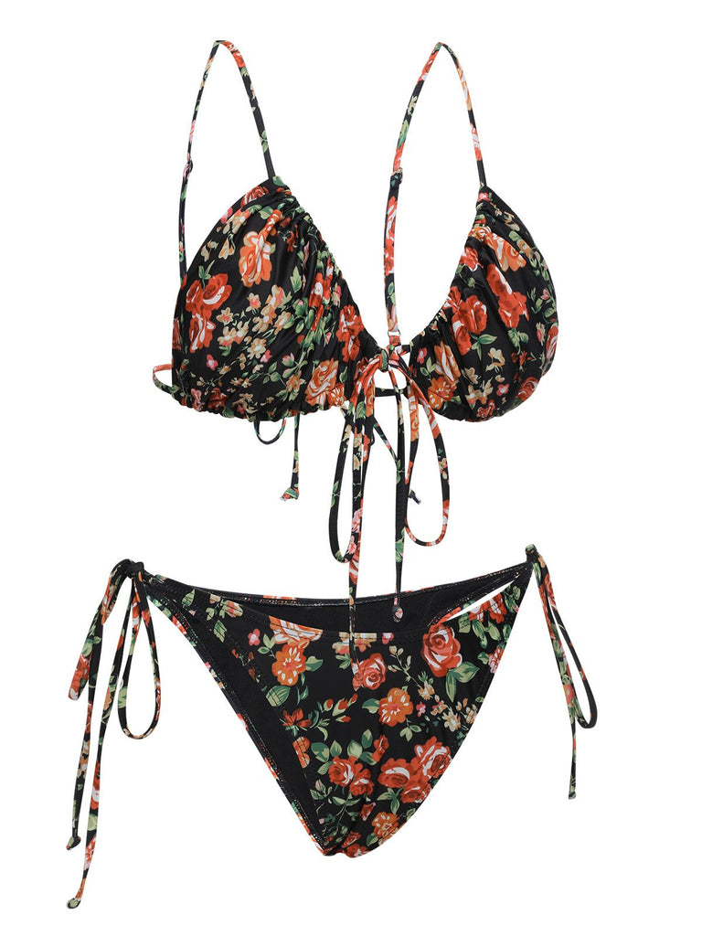 Set bikini floreale lacci con spalline sottili anni '50